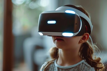 Child wearing virtual reality headset experiencing immersive metaverse technology indoors