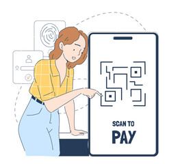 Poster - woman with barcode pay bill. young girl with smartphone pays on internet. cashless transfers and tra