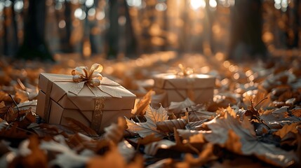 Wall Mural - Gift boxes on the autumn ground outside