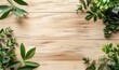 © Tiana_Geo - Light natural wooden background with fresh green branches, herb, old shabby texture. Rustic wood backdrop for banner, poster, wallpaper. Abstract grunge texture with copy space. Flay lay, top view