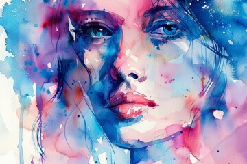 Poster - A watercolor painting capturing the bold features and expression of a womans face, Create a bold, expressive watercolor texture with bold brushstrokes and splashes of color