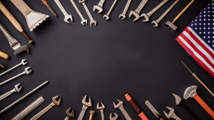 Honoring Labor Day. American flag surrounded by construction tools on black table background