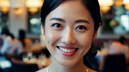 Wall Mural - Close up of a beautiful young Asian woman with her hair tied back smiling while on a date at a fancy restaurant.