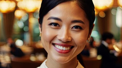 Wall Mural - Close up of a beautiful young Asian woman with her hair tied back smiling while on a date at a fancy restaurant.