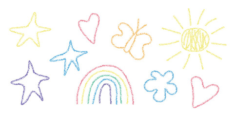 Poster - Child Pencil texture drawing cute elements set . Childish Doodle drawn rainbow stars hearts butterfly sun. Summer simple kids art illustration