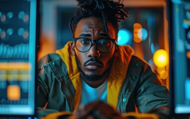 Wall Mural - A man with glasses and dreadlocks is looking at a computer screen. He is wearing a yellow jacket and he is focused on the screen