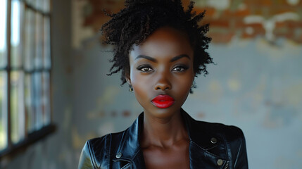 Wall Mural - Woman In Leather Jacket Looking Directly At Camera