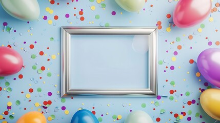 Silver frame surrounded by colorful balloons and confetti on a light blue background, with space for text or decoration.