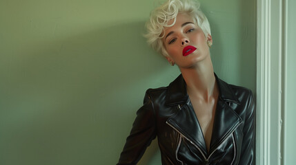 Wall Mural - Woman With Blonde Hair and Red Lipstick in Leather Jacket