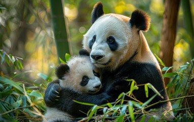 a mother and baby panda bear are hugging each other in a lush green forest. concept of warmth and lo