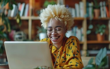 Wall Mural - A woman with blonde hair is smiling while using a laptop. She is wearing glasses and a yellow dress. The room has a lot of books and potted plants