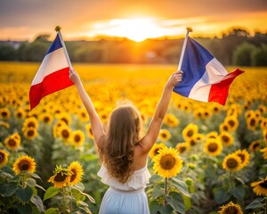 Back view of girl holding flag of France in the sunflower field. National holidays concept: Armistice day, Bastille day, Victory day, Labour day. Beauty of France. Selective soft focus.