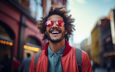 Wall Mural - A man wearing a red jacket and sunglasses is smiling. He is wearing a backpack and he is enjoying himself