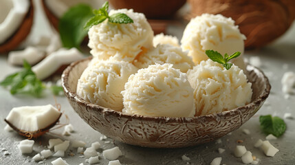 Poster - Close up studio photo of coconut ice cream scoops in a ceramic bowl on an old brown table with a Sicilian rustic background and copy space.