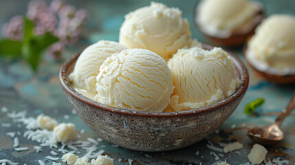 Poster - Close up studio photo of coconut ice cream scoops in a ceramic bowl on an old brown table with a Sicilian rustic background and copy space.