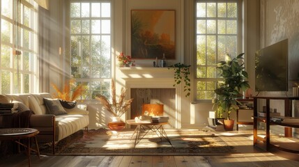 Poster - Scandinavian Style Interior with Sofa Table and Fireplace in Sunlit Room