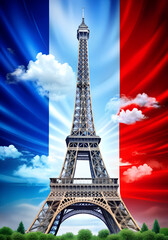 Wall Mural - Composition of bastille day text over flag of france and eiffel tower. Bastille day and celebration concept, digitally generated image.