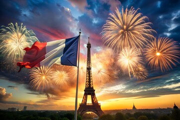 Evening sky with majestic fireworks and flag of France on National holiday