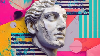 Poster - Plaster head statue collage on vibrant geometric background for modern art ad with surrealistic touch