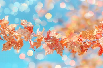 Wall Mural - maple leaves garland in dark reds and oranges covered in glitter garland sunny sky in the background