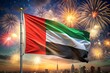 © Tekin - HAPPY INDEPENDENCE DAY text frame on United Arab Emirates waving flag made from silk material. Commemoration Day Muslim Public holiday celebration background. The National Flag of UAE