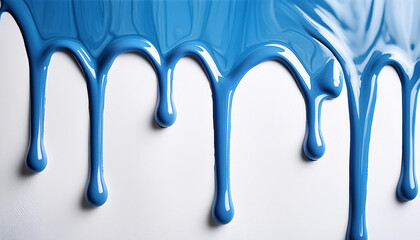 Vibrant blue paint dripping on white background. Fresh bright paint flowing down. Abstract pattern.