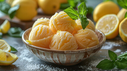 Wall Mural - Close up studio photo of lemon ice cream scoops in a ceramic bowl on an old table with a Sicilian rustic background and copy space.