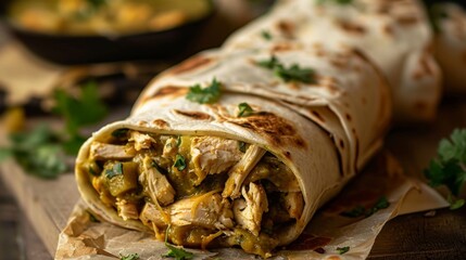 Canvas Print - Savory Chicken Burrito Wrapped and Ready to Enjoy. Freezer-Friendly Green Chile Chicken Burritos