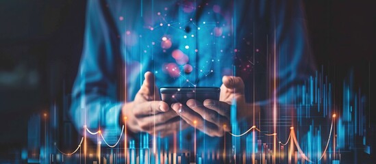 Poster - Futuristic businessman using smartphone with glowing network and financial graphs