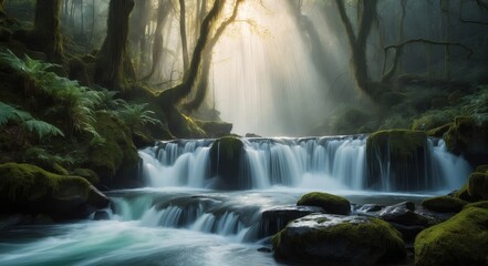 Poster - A waterfall cascades through a mossy forest, bathed in sunlight