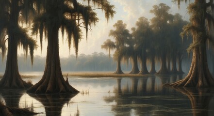 Wall Mural - Cypress trees stand tall along a still body of water at sunrise