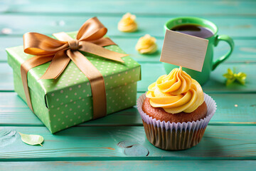 Poster - Happy Father's Day. Tasty cupcake with greetings and gift box on green table, closeup