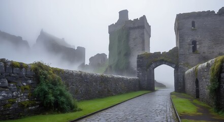 A stone archway leads into a misty castle ruin, with cobblestones and grass in the foreground