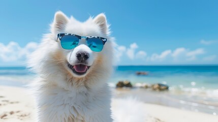 Cute Samoyed dog with sunglasses on sunny beach coastline background. Vacation holiday lifestyle concept