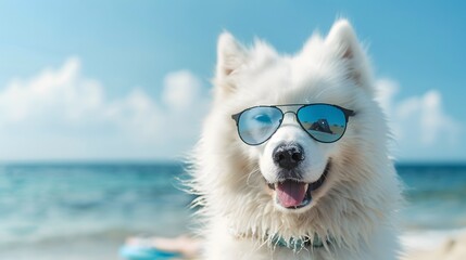 Cute Samoyed dog with sunglasses on sunny beach coastline background. Vacation holiday lifestyle concept