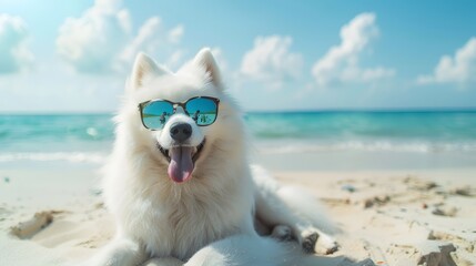 Cute Samoyed dog with sunglasses on sunny beach coastline background. Vacation holiday lifestyle concept