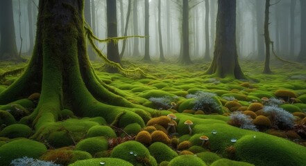 Poster - Sunlight filters through the trees, illuminating a mossy forest floor