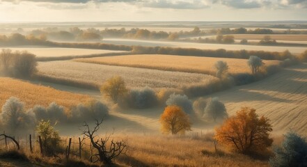 Sticker - A misty morning with golden fields, scattered trees, and a gentle sunrise