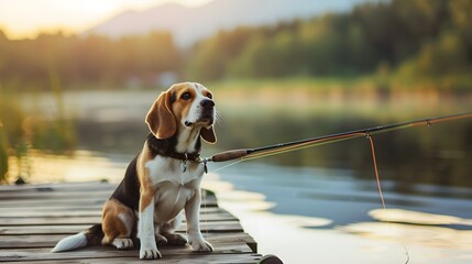 Wall Mural - Cute Beagle dog with fishing rod on lakeside pier dock background. Fishing angler lifestyle concept