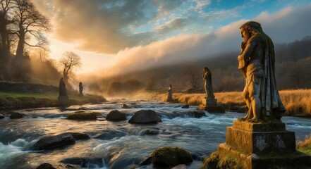 Poster - Statues stand on the bank of a river as the sun rises over the fog