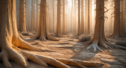 Wall Mural - Light filters through the mist in a California forest, showcasing sequoia tree roots