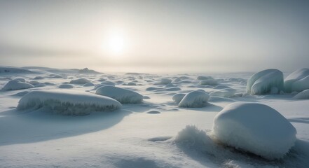 Sticker - A vast, white landscape of snow and ice formations, with a bright sun in the sky