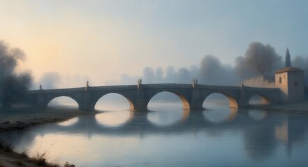 Poster - A stone bridge arches over a river on a foggy morning