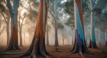 Wall Mural - Sunlight filters through a mist-filled forest, illuminating colorful eucalyptus trees