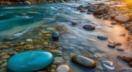 Canvas Print - A clear stream flows over smooth, round stones