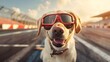 © Prime Stox - Cute Labrador Retriever dog with goggles on race track racing car background. Racing speed lifestyle concept