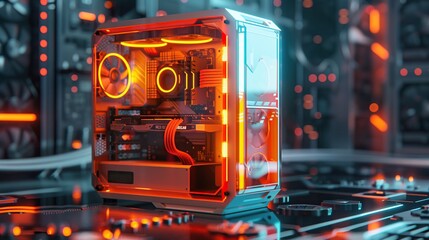 Aufkleber - 3d render gaming PC case with intricate internal components and bright lights in dark futuristic.