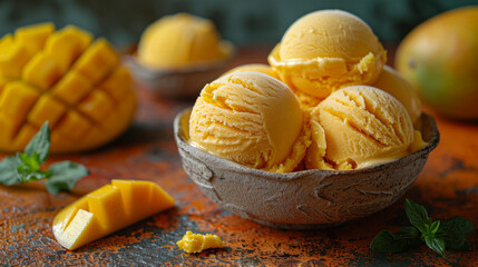 Wall Mural - Close up studio photo of mango ice cream scoops in a ceramic bowl on an old orange table with a Sicilian rustic background and copy space.