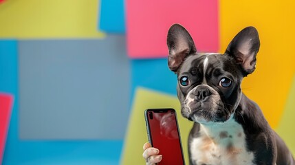 Cute Boston Terrier dog with smartphone on social media app chat background. Digital online lifestyle concept