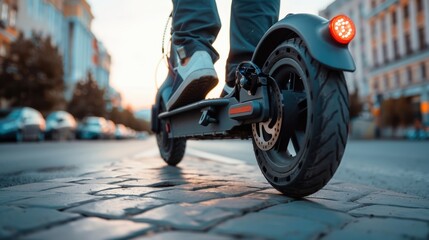 Closeup of electric scooter wheel on cobblestone street in city